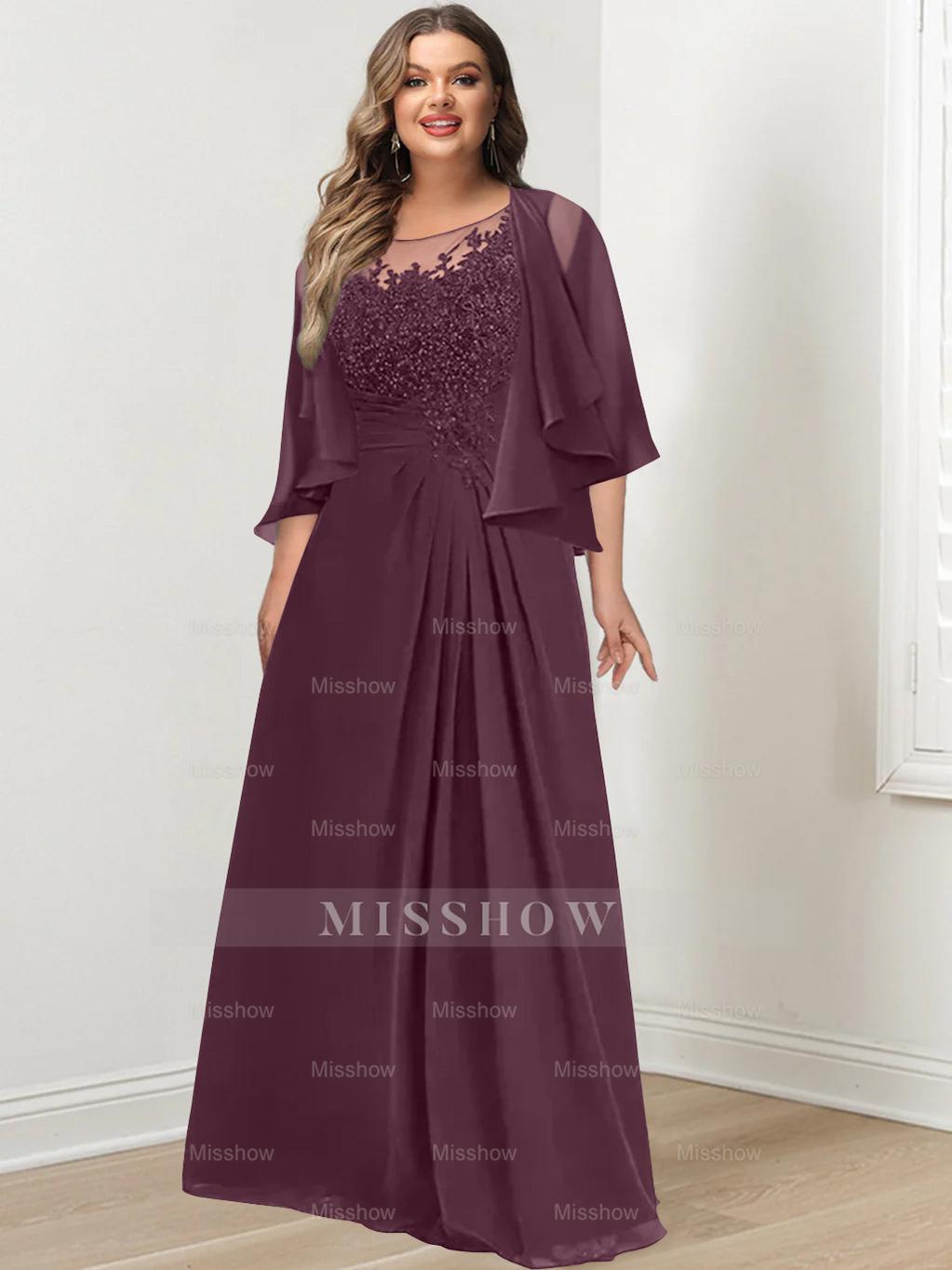 Plus Size Mother of the Bride A-Line Princess Scoop Floor-Length Dress with Pleated & Sequins