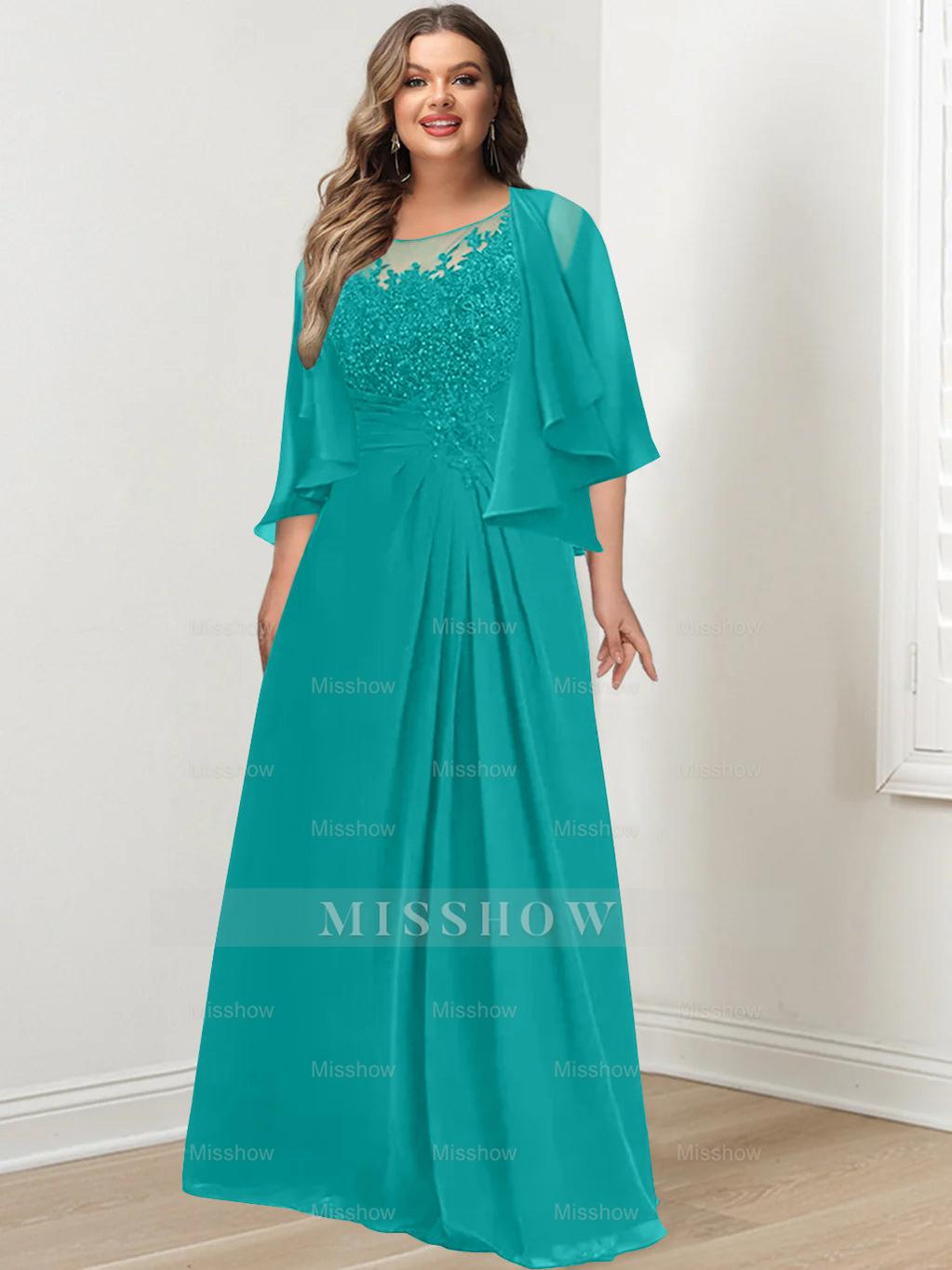 Plus Size Mother of the Bride A-Line Princess Scoop Floor-Length Dress with Pleated & Sequins