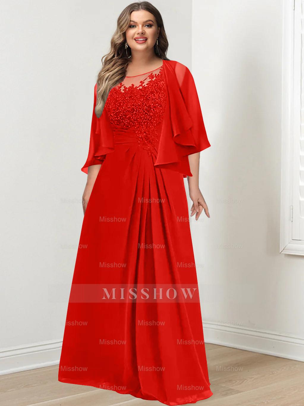 Plus Size Mother of the Bride A-Line Princess Scoop Floor-Length Dress with Pleated & Sequins