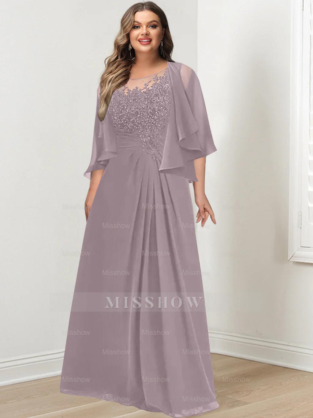 Plus Size Mother of the Bride A-Line Princess Scoop Floor-Length Dress with Pleated & Sequins