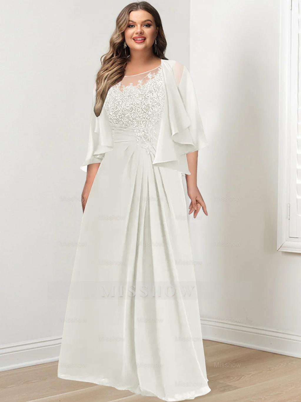 Plus Size Mother of the Bride A-Line Princess Scoop Floor-Length Dress with Pleated & Sequins