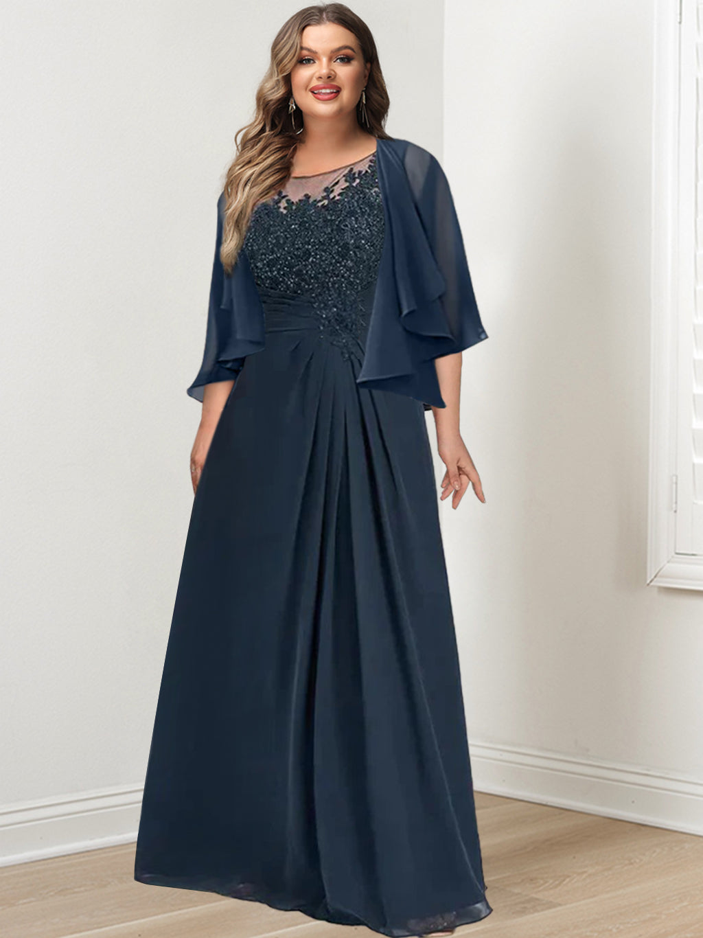 Plus Size Mother of the Bride A-Line Princess Scoop Floor-Length Dress with Pleated & Sequins