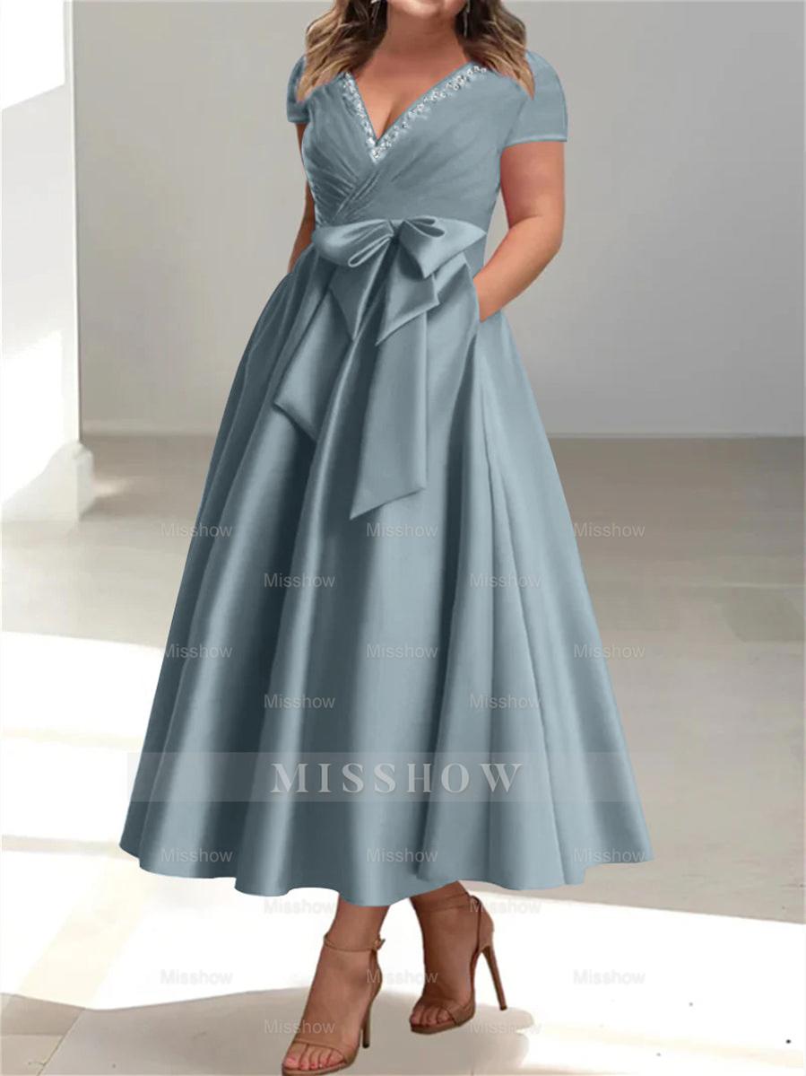 Plus Size Mother of the Bride A-Line Princess V-Neck Dress with Pockets and Ruffles