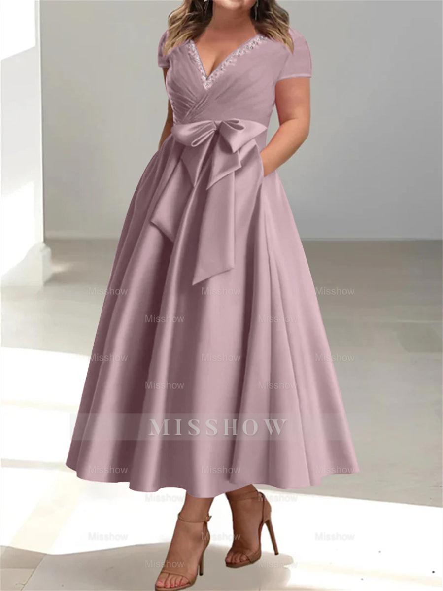Plus Size Mother of the Bride A-Line Princess V-Neck Dress with Pockets and Ruffles