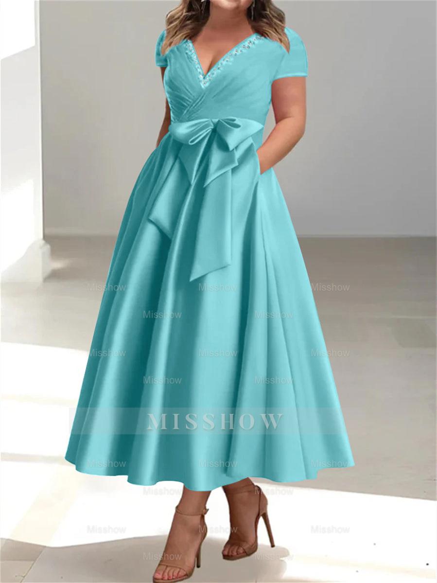 Plus Size Mother of the Bride A-Line Princess V-Neck Dress with Pockets and Ruffles