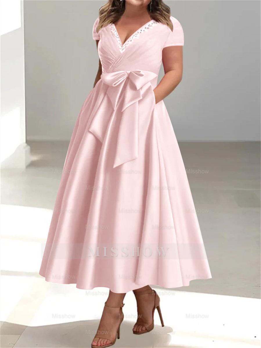 Plus Size Mother of the Bride A-Line Princess V-Neck Dress with Pockets and Ruffles