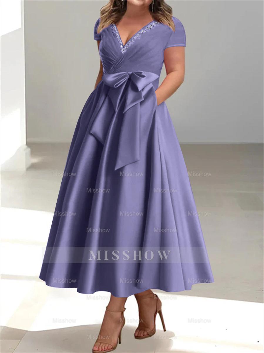 Plus Size Mother of the Bride A-Line Princess V-Neck Dress with Pockets and Ruffles