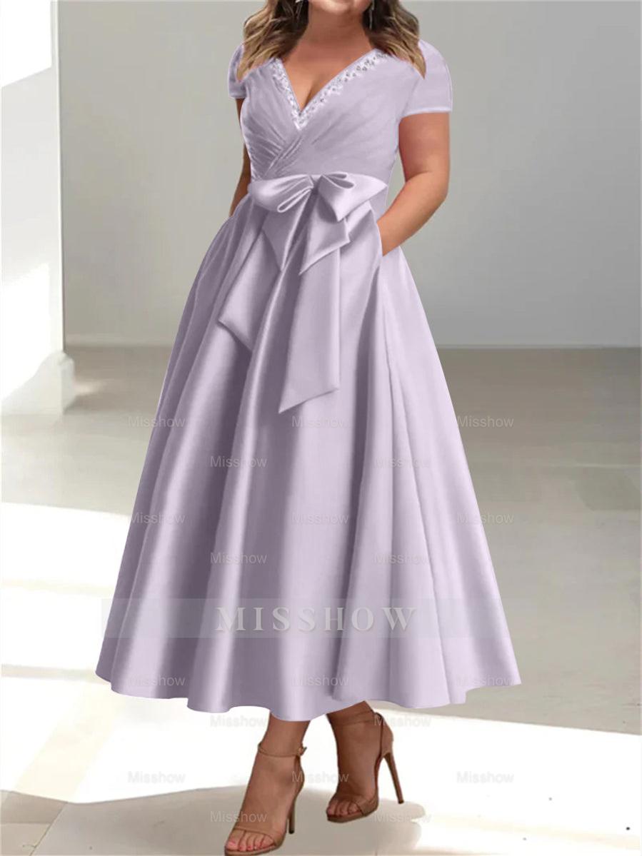 Plus Size Mother of the Bride A-Line Princess V-Neck Dress with Pockets and Ruffles