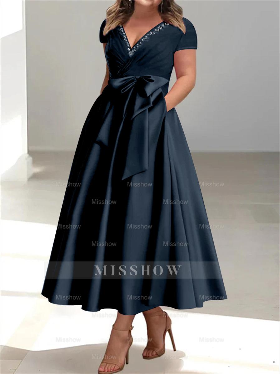 Plus Size Mother of the Bride A-Line Princess V-Neck Dress with Pockets and Ruffles