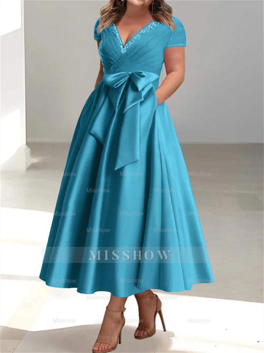 Plus Size Mother of the Bride A-Line Princess V-Neck Dress with Pockets and Ruffles