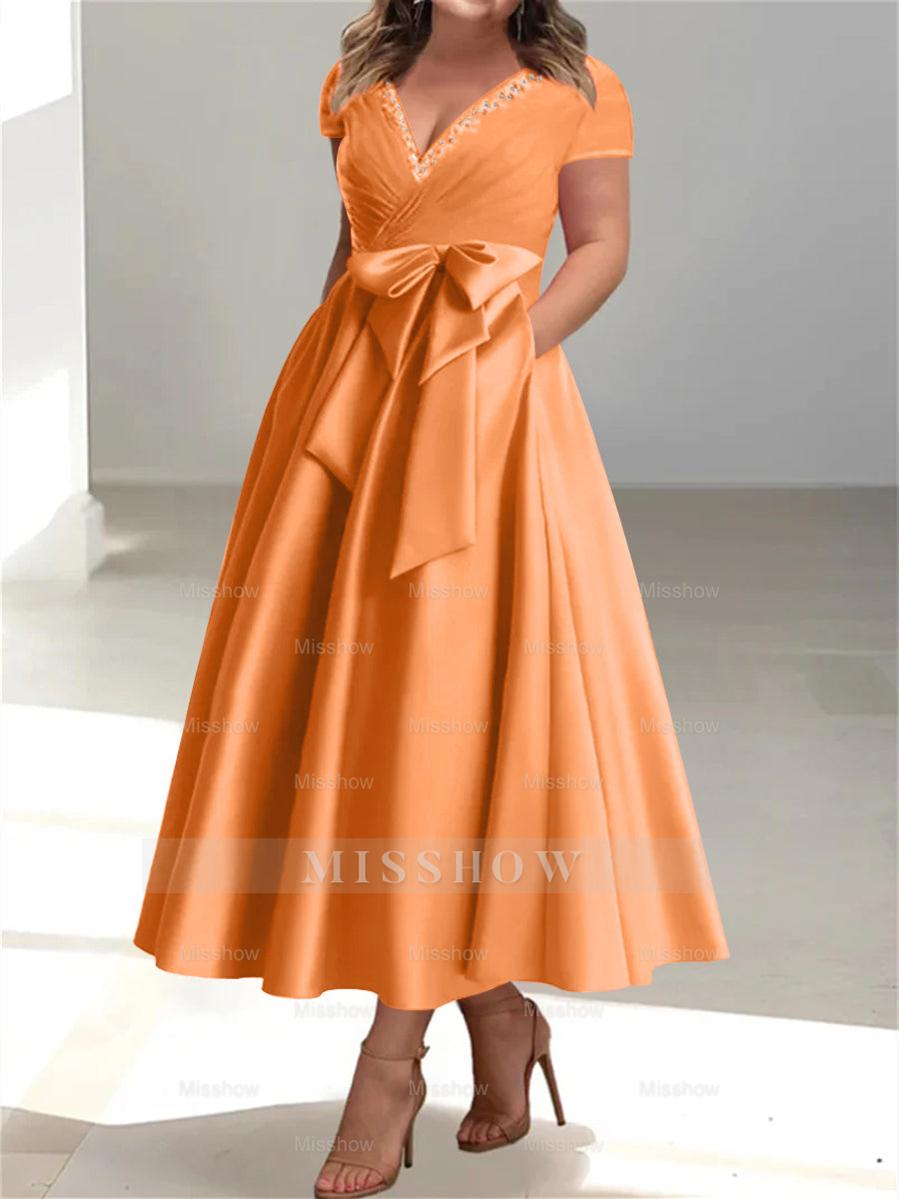 Plus Size Mother of the Bride A-Line Princess V-Neck Dress with Pockets and Ruffles