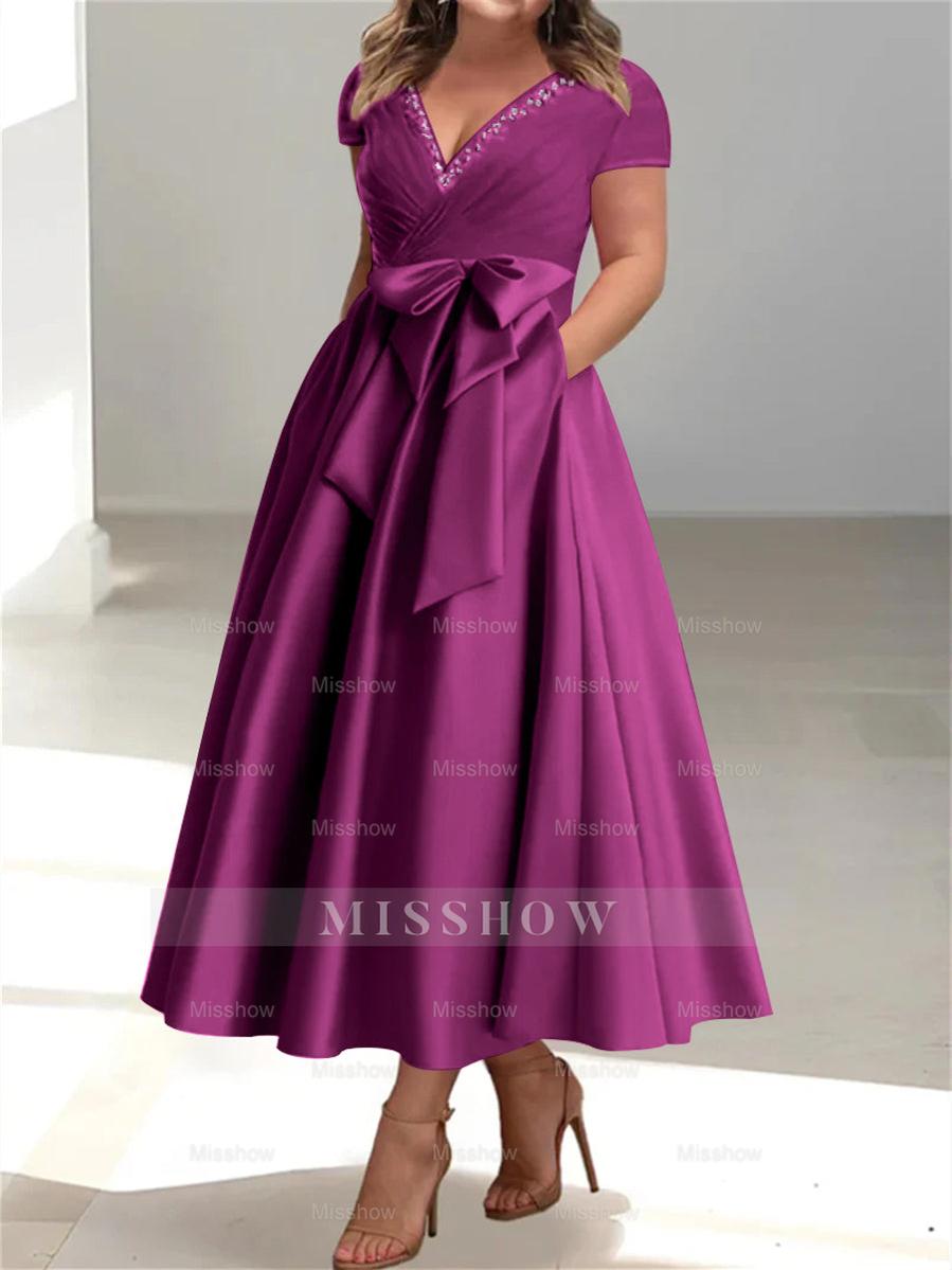 Plus Size Mother of the Bride A-Line Princess V-Neck Dress with Pockets and Ruffles