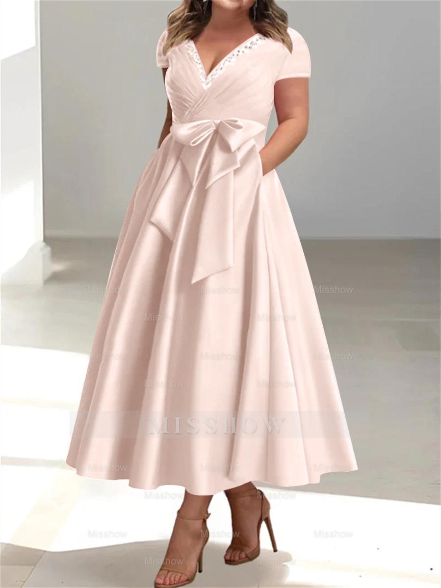 Plus Size Mother of the Bride A-Line Princess V-Neck Dress with Pockets and Ruffles