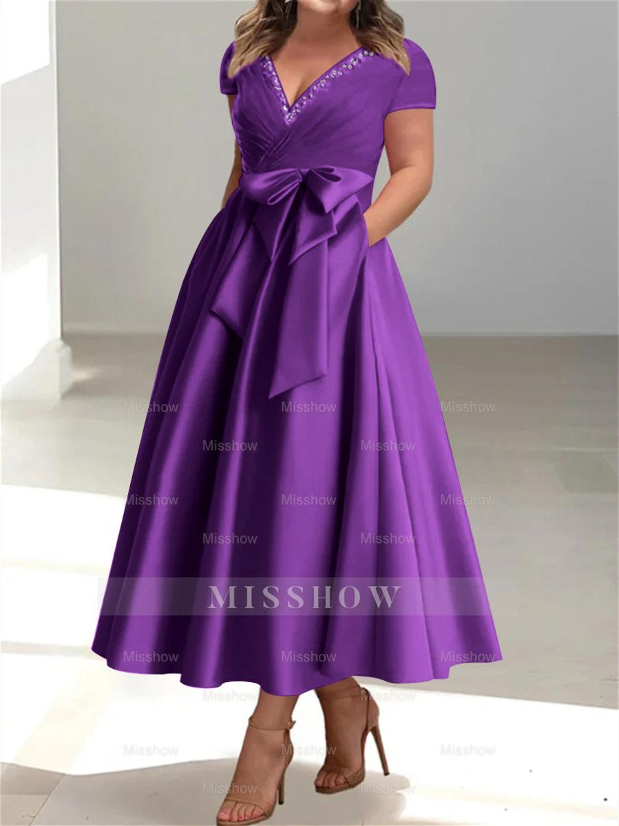 Plus Size Mother of the Bride A-Line Princess V-Neck Dress with Pockets and Ruffles