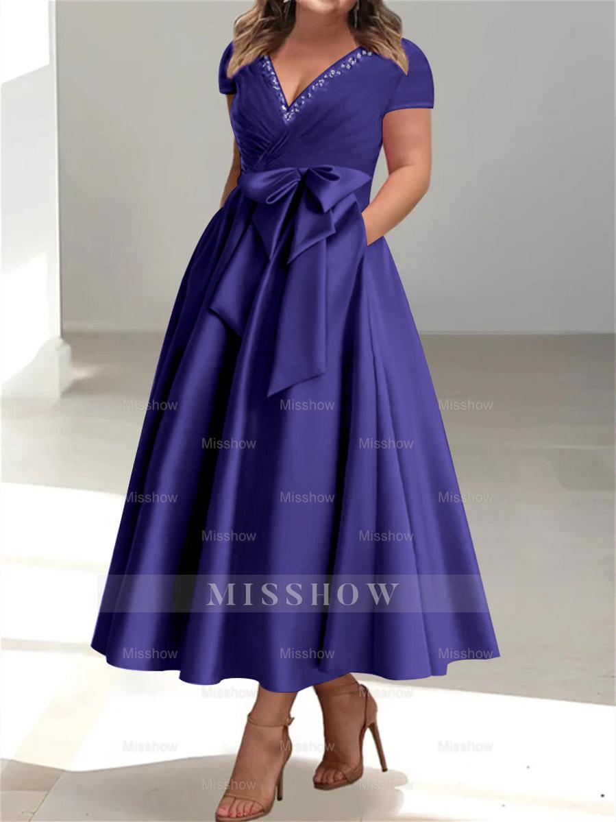 Plus Size Mother of The Bride A-Line Princess V-Neck Dress with Pockets and Ruffles Plus Size Mother of The Bride A-Line Princess V-Neck Dress with Pockets and Ruffles