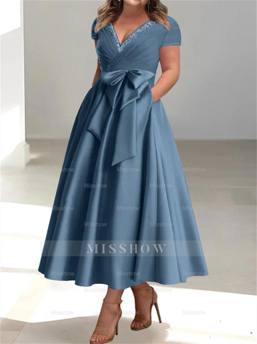 Plus Size Mother of the Bride A-Line Princess V-Neck Dress with Pockets and Ruffles