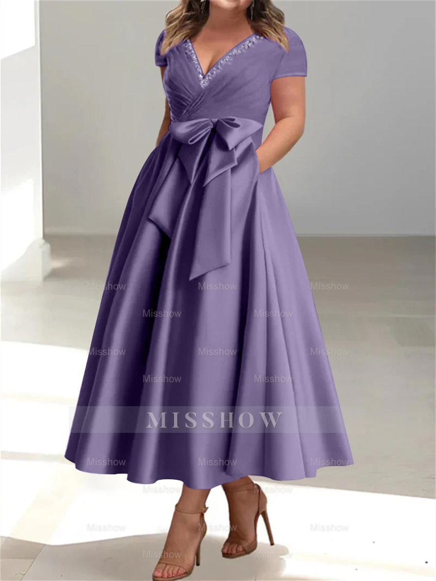 Plus Size Mother of the Bride A-Line Princess V-Neck Dress with Pockets and Ruffles