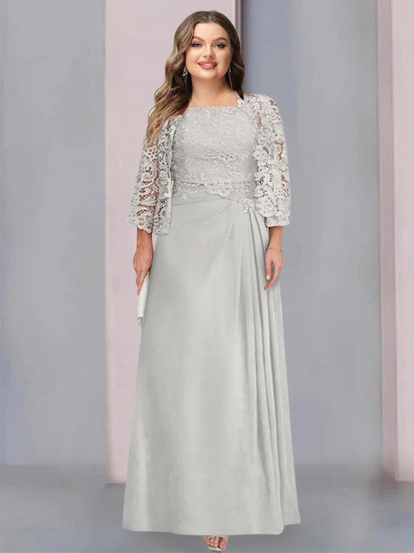 Plus Size Mother of the Bride A-Line/Princess Floor-Length Dress with Scoop Neckline Pleats & Lace Appliques