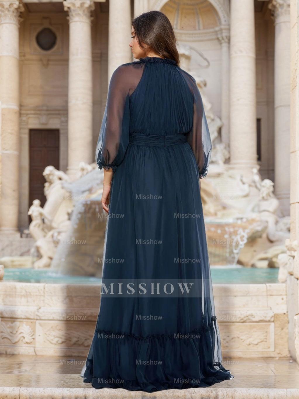 Plus Size Mother of the Bride A-Line/Princess Halter Dress with 3/4 Sleeves and Ruffles Floor-Length
