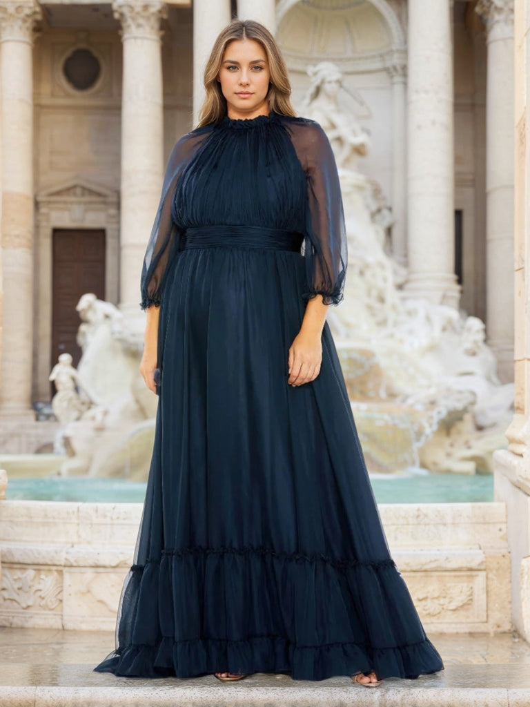 Plus Size Mother of the Bride A-Line/Princess Halter Dress with 3/4 Sleeves  and Ruffles Floor-Length  misshow.com