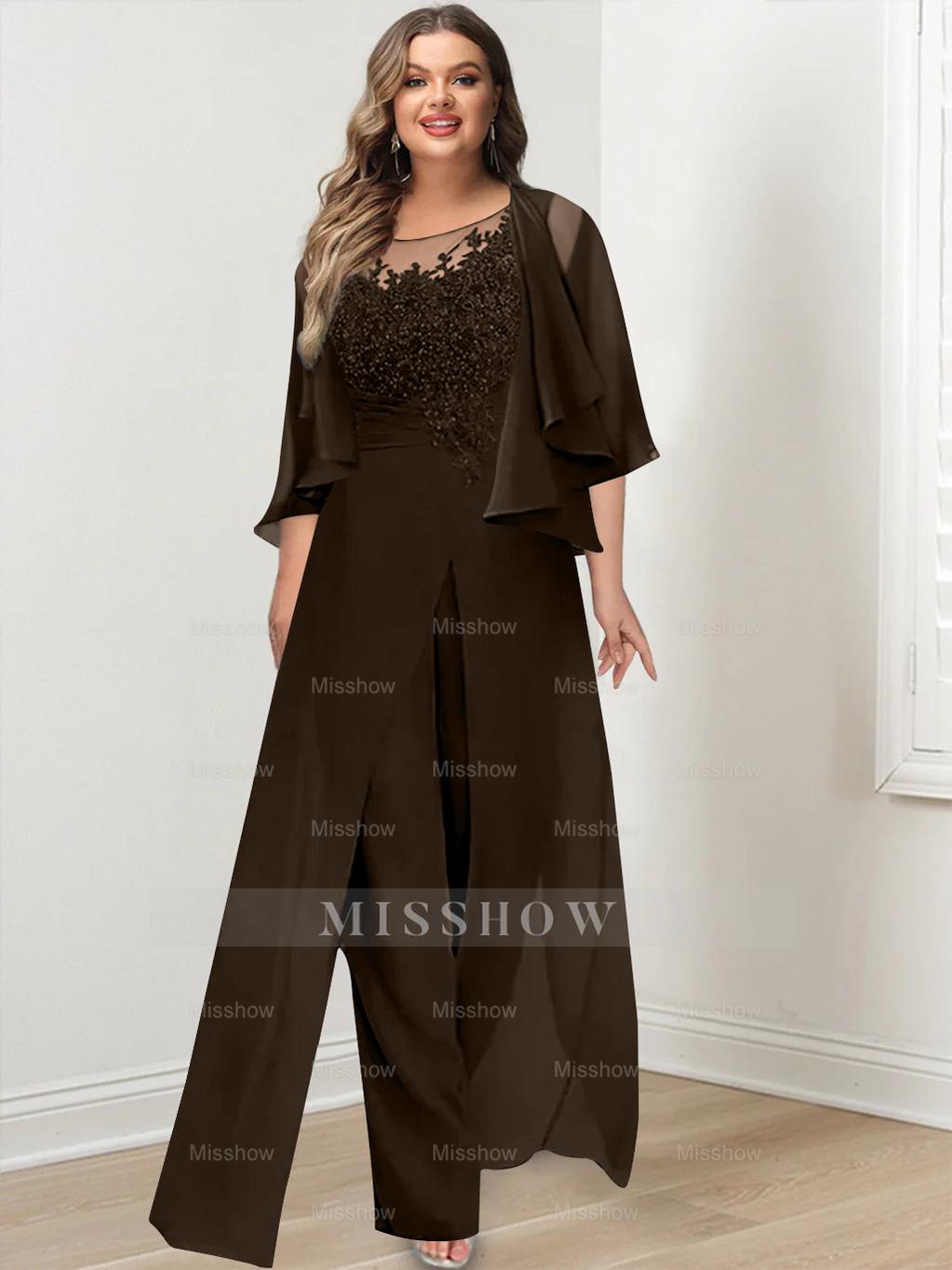Plus Size Mother of the Bride A-Line/Princess Jumpsuit with Jacket Floor-Length Design Side Split & Appliques