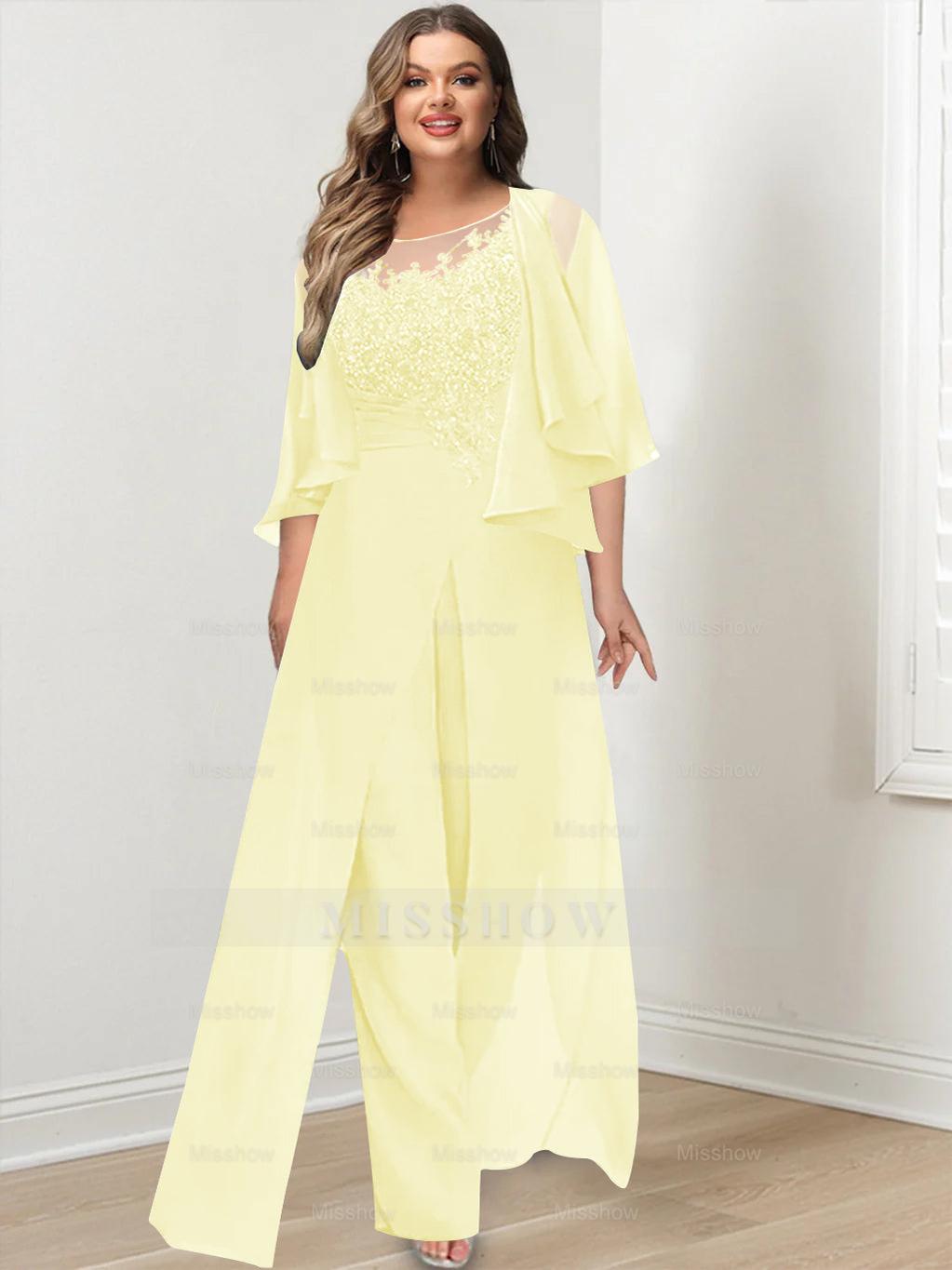 Plus Size Mother of the Bride A-Line/Princess Jumpsuit with Jacket Floor-Length Design Side Split & Appliques