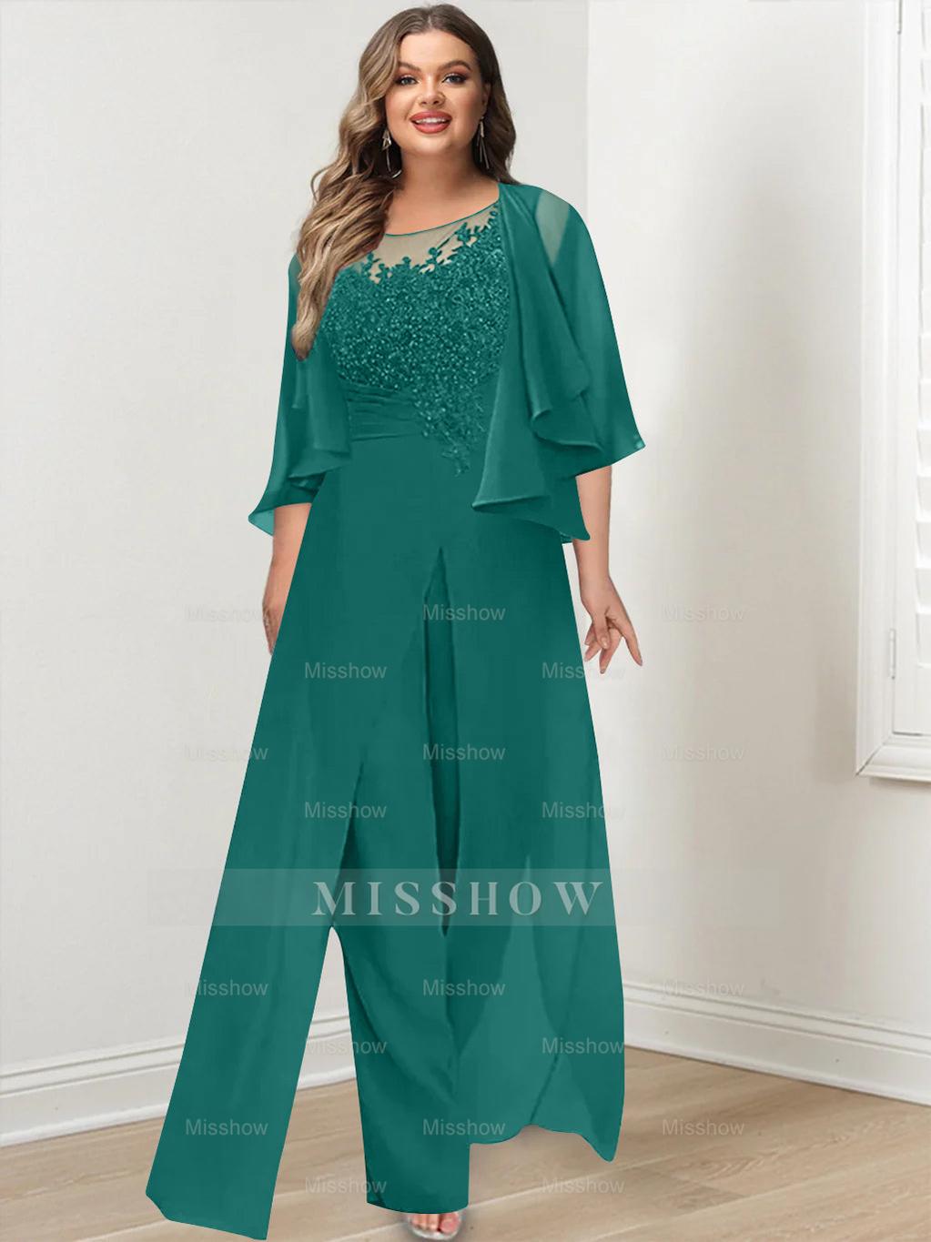 Plus Size Mother of the Bride A-Line/Princess Jumpsuit with Jacket Floor-Length Design Side Split & Appliques