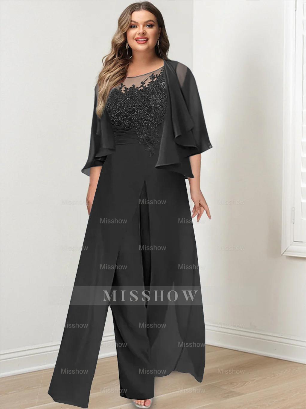 Plus Size Mother of the Bride A-Line/Princess Jumpsuit with Jacket Floor-Length Design Side Split & Appliques