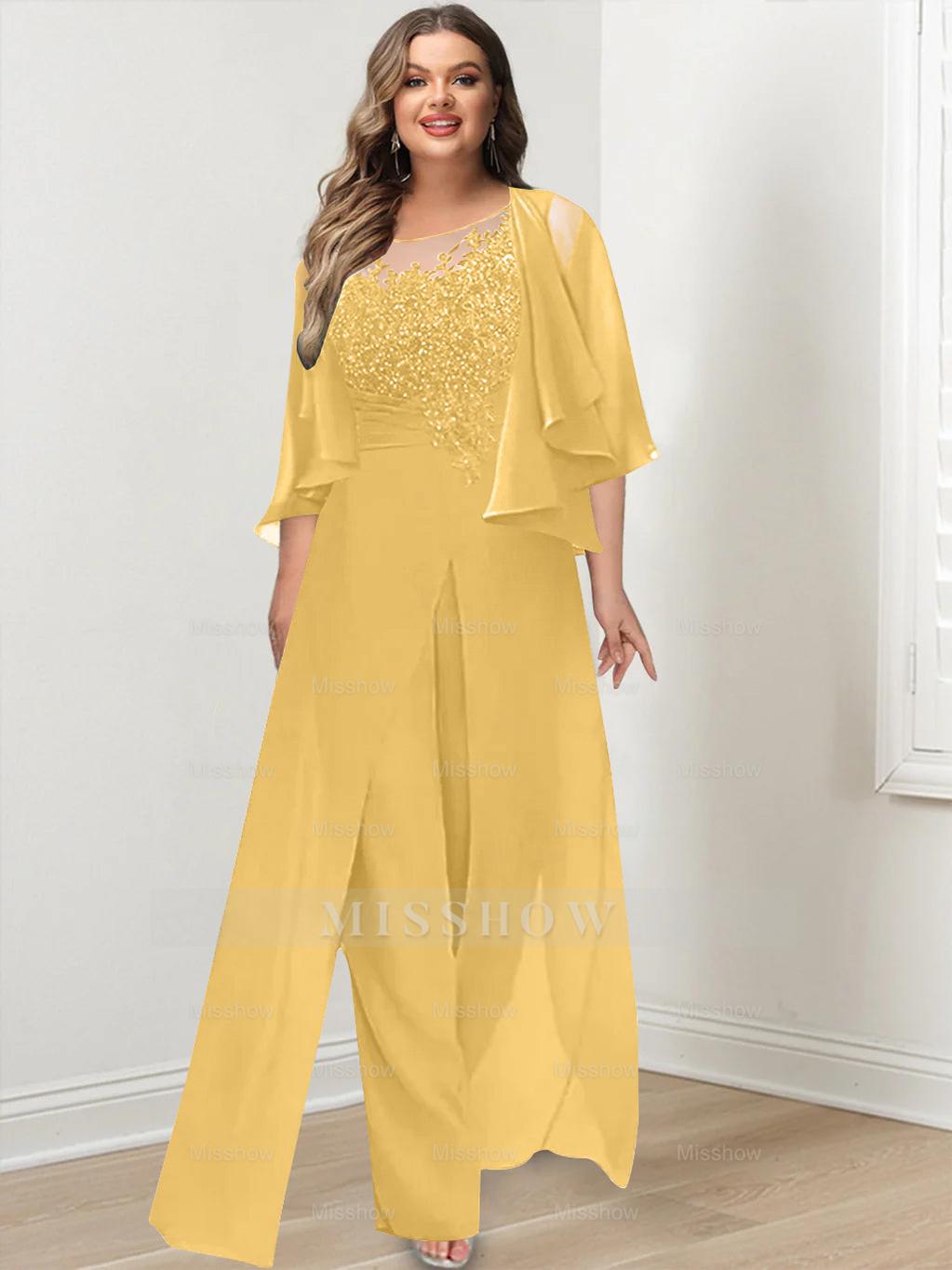 Plus Size Mother of the Bride A-Line/Princess Jumpsuit with Jacket Floor-Length Design Side Split & Appliques