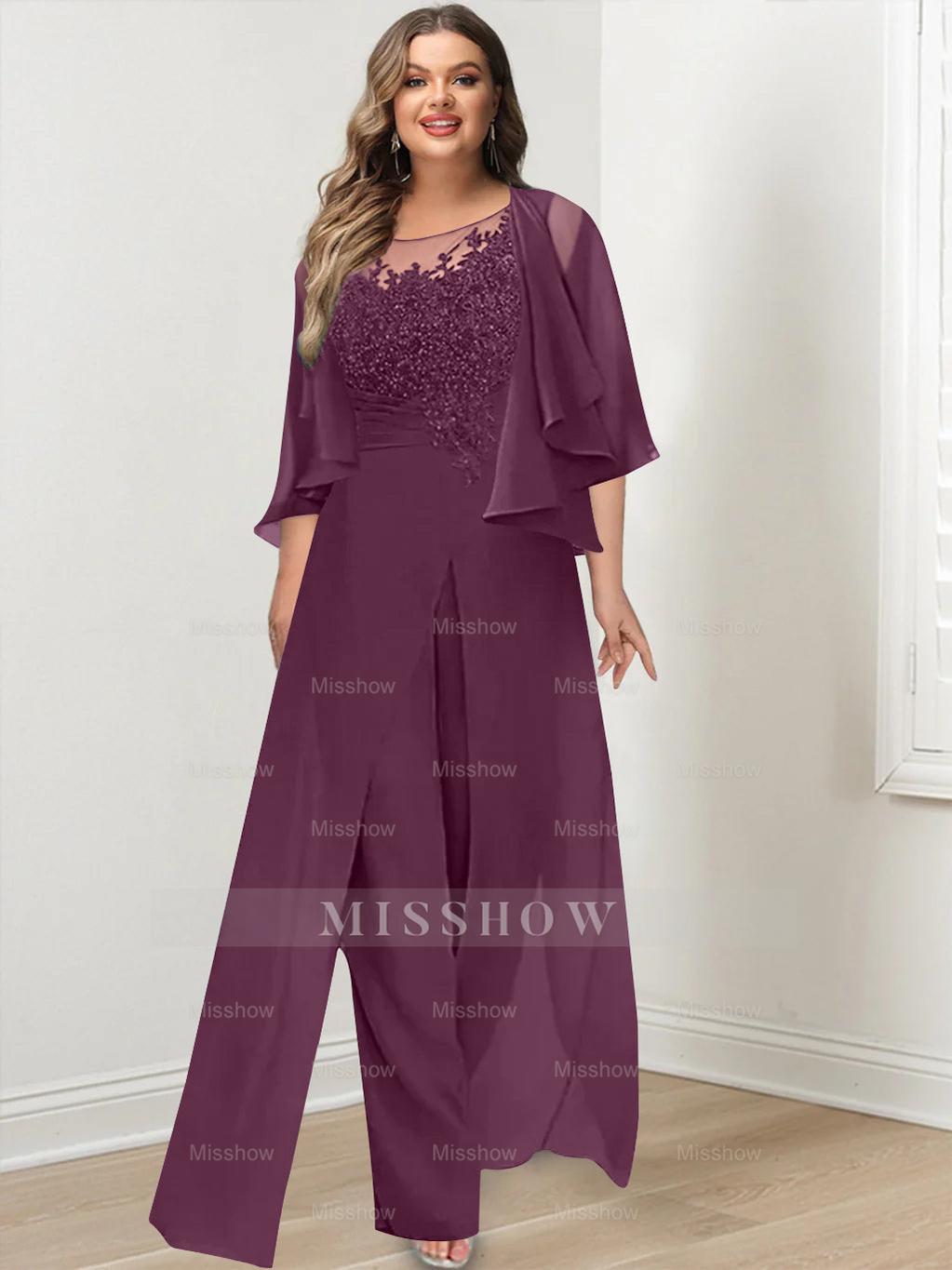 Plus Size Mother of the Bride A-Line/Princess Jumpsuit with Jacket Floor-Length Design Side Split & Appliques