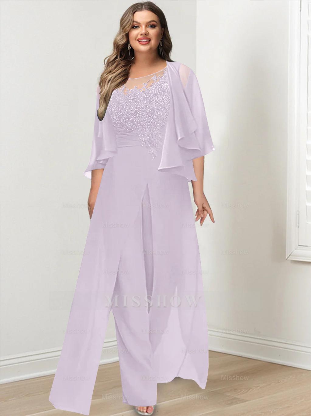 Plus Size Mother of the Bride A-Line/Princess Jumpsuit with Jacket Floor-Length Design Side Split & Appliques