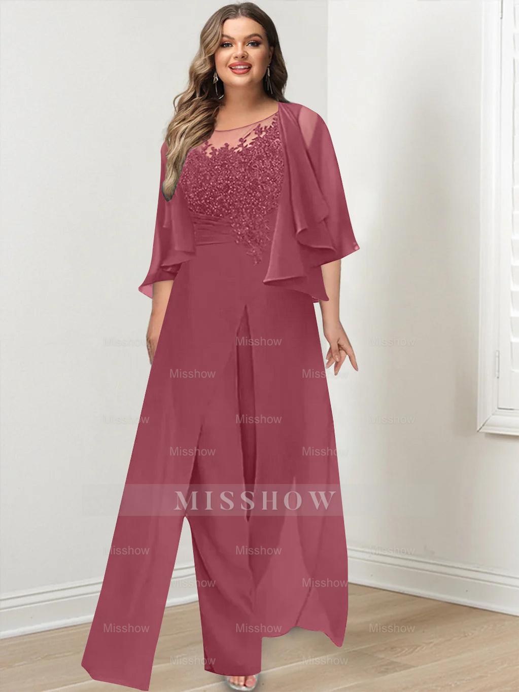 Plus Size Mother of the Bride A-Line/Princess Jumpsuit with Jacket Floor-Length Design Side Split & Appliques
