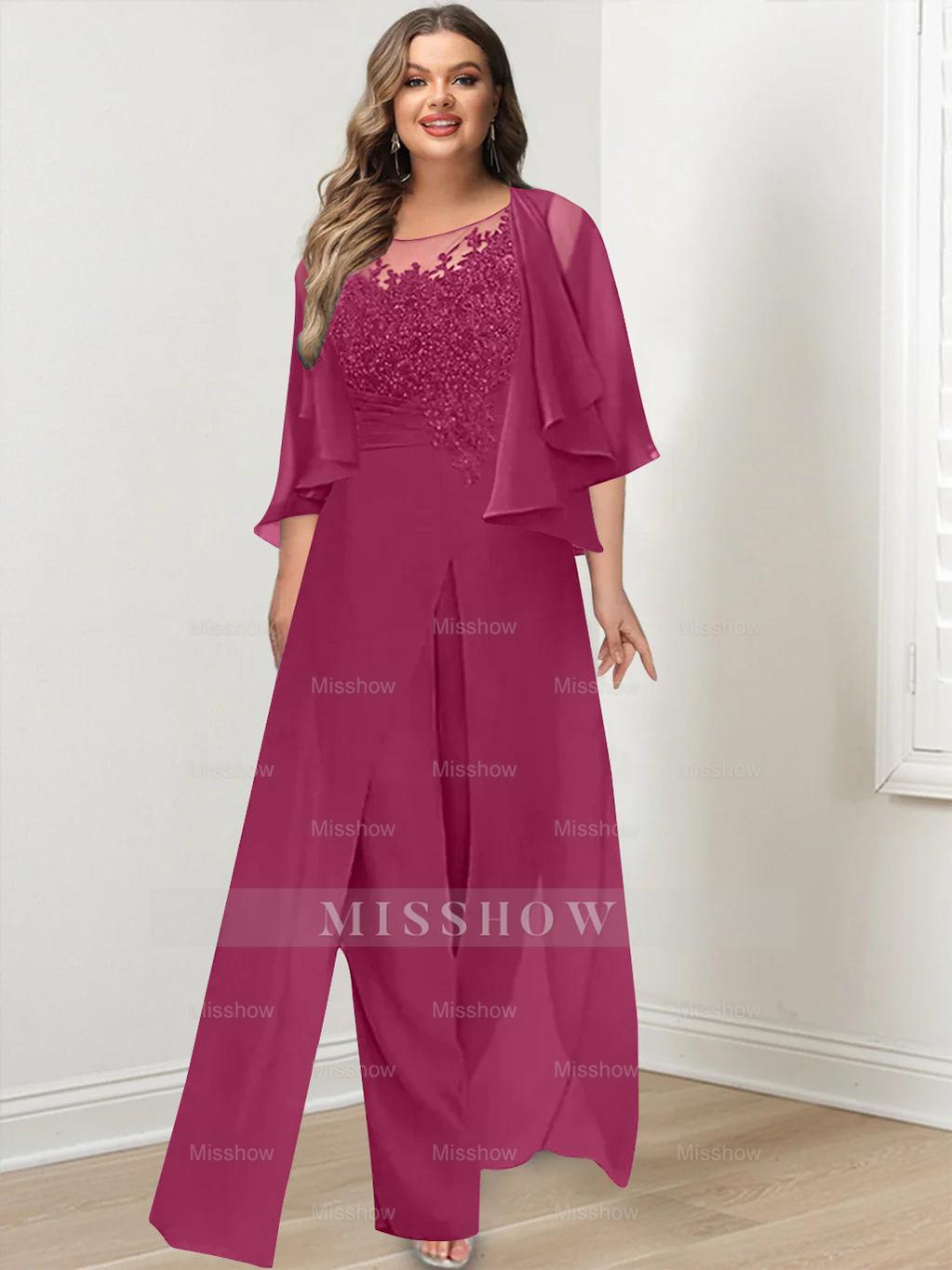 Plus Size Mother of the Bride A-Line/Princess Jumpsuit with Jacket Floor-Length Design Side Split & Appliques