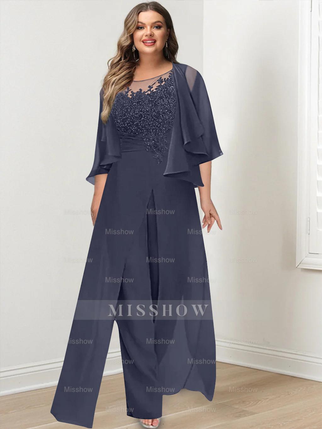 Plus Size Mother of the Bride A-Line/Princess Jumpsuit with Jacket Floor-Length Design Side Split & Appliques