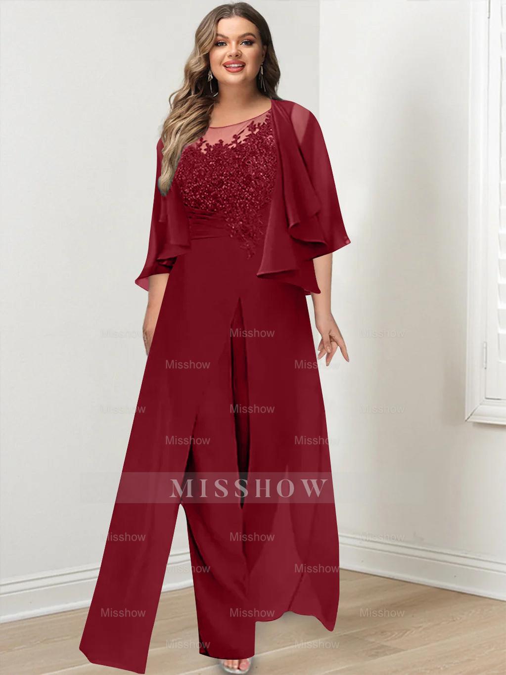 Plus Size Mother of the Bride A-Line/Princess Jumpsuit with Jacket Floor-Length Design Side Split & Appliques