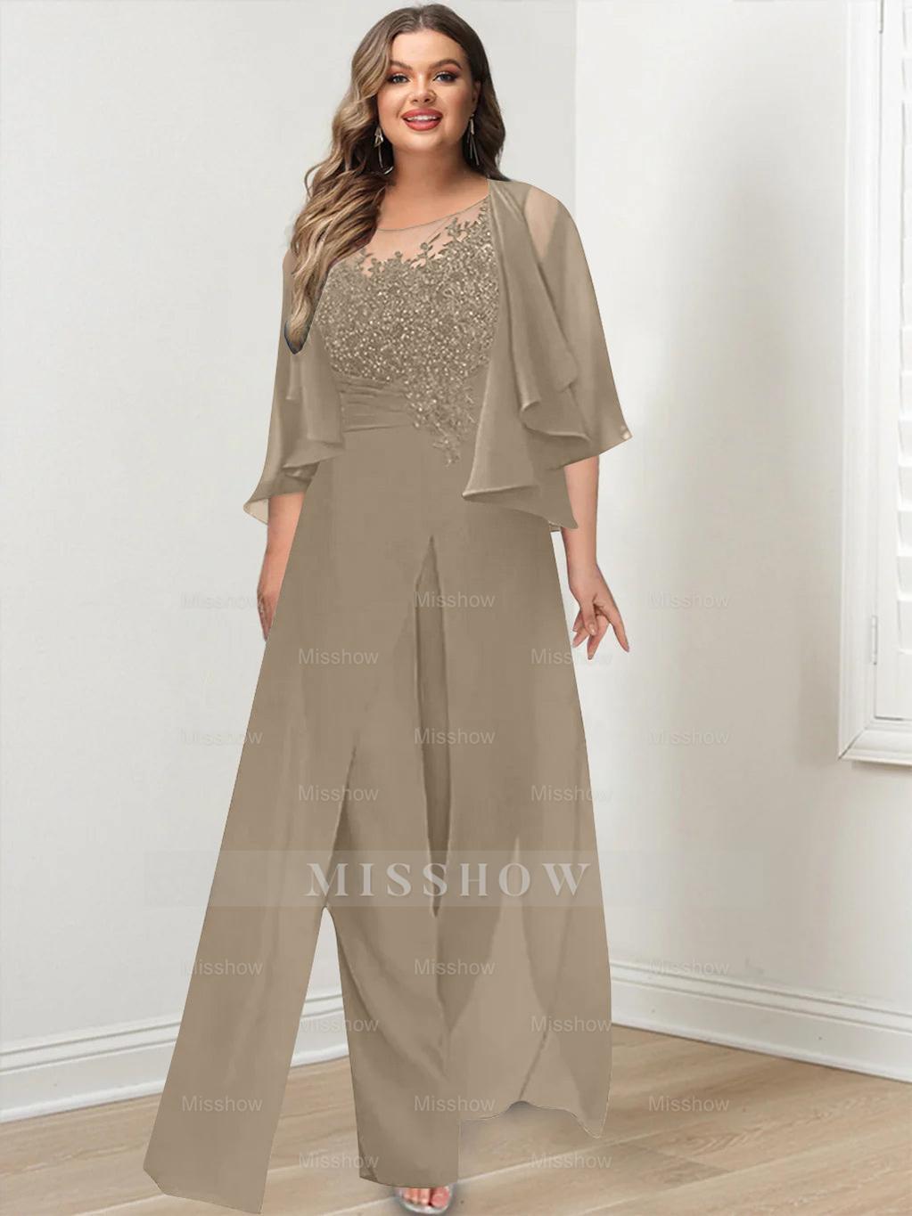 Plus Size Mother of the Bride A-Line/Princess Jumpsuit with Jacket Floor-Length Design Side Split & Appliques