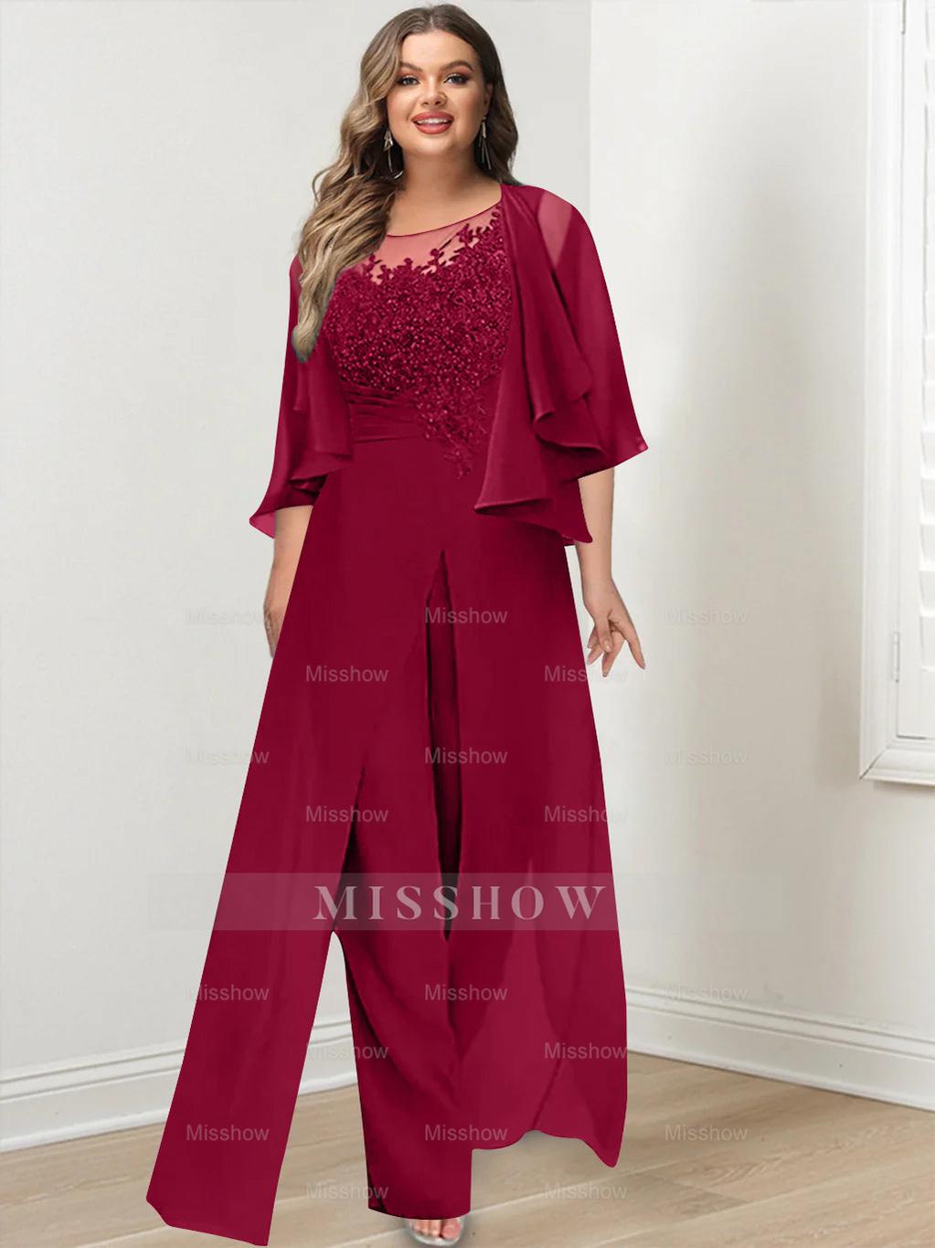 Plus Size Mother of the Bride A-Line/Princess Jumpsuit with Jacket Floor-Length Design Side Split & Appliques