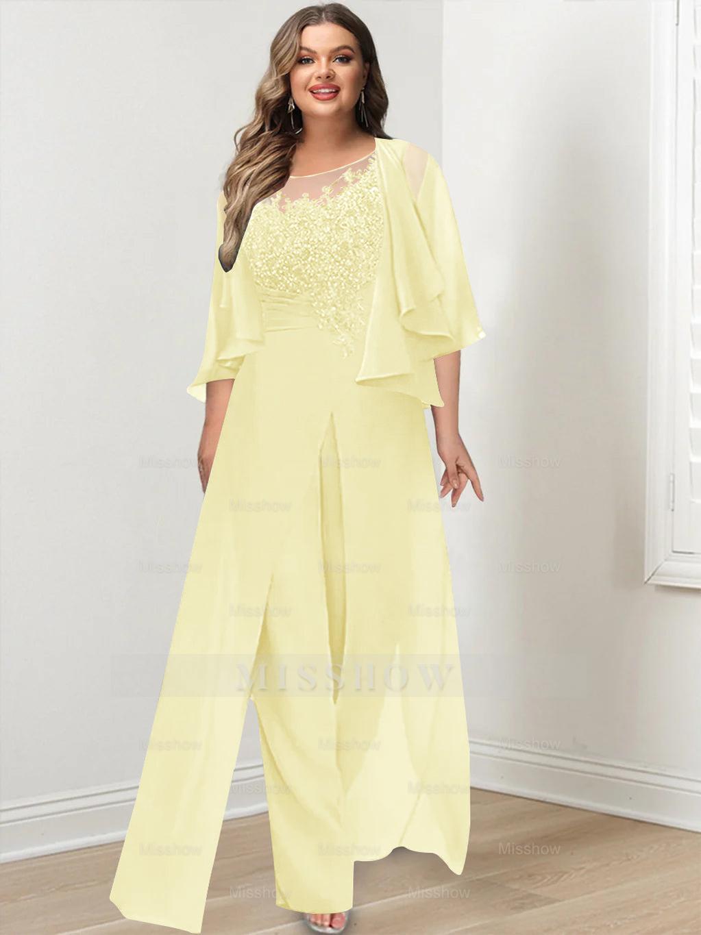 Plus Size Mother of the Bride A-Line/Princess Jumpsuit with Jacket Floor-Length Design Side Split & Appliques