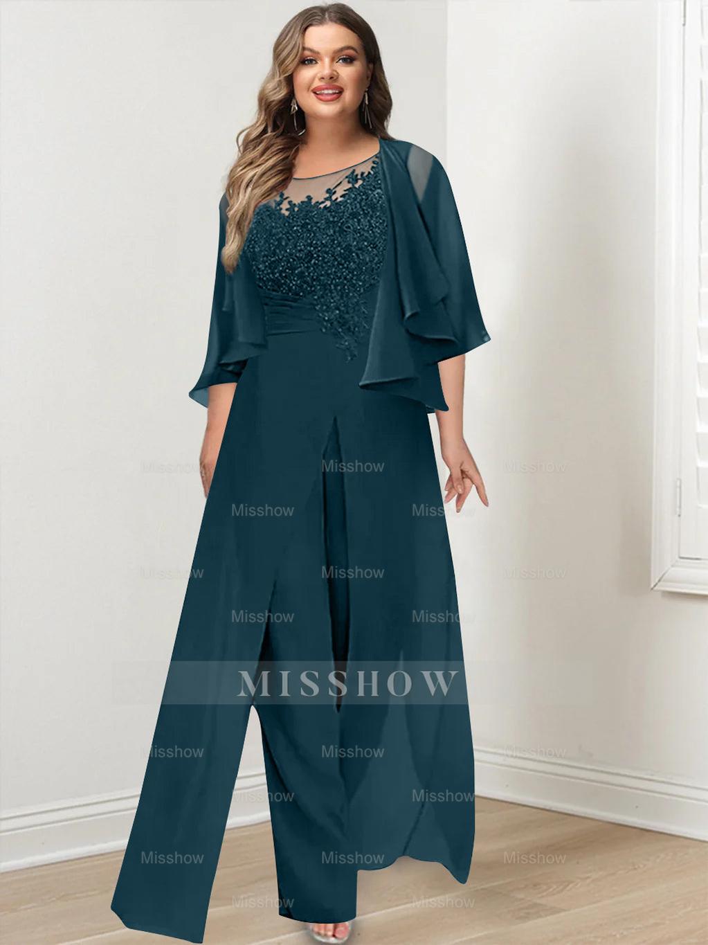Plus Size Mother of the Bride A-Line/Princess Jumpsuit with Jacket Floor-Length Design Side Split & Appliques