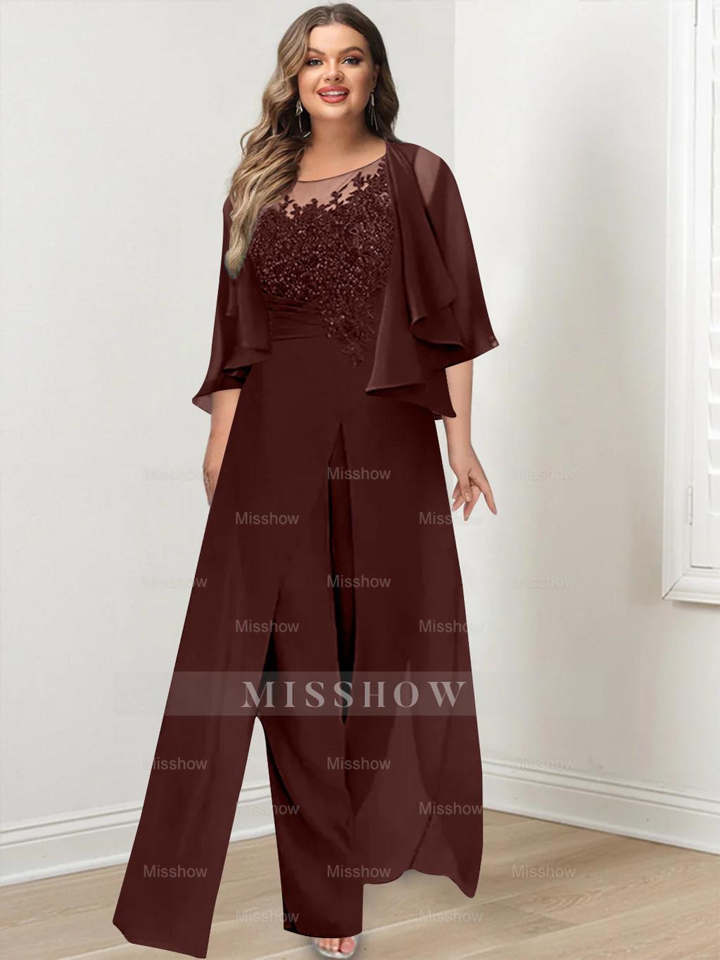 Plus Size Mother of the Bride A-Line/Princess Jumpsuit with Jacket Floor-Length Design Side Split & Appliques