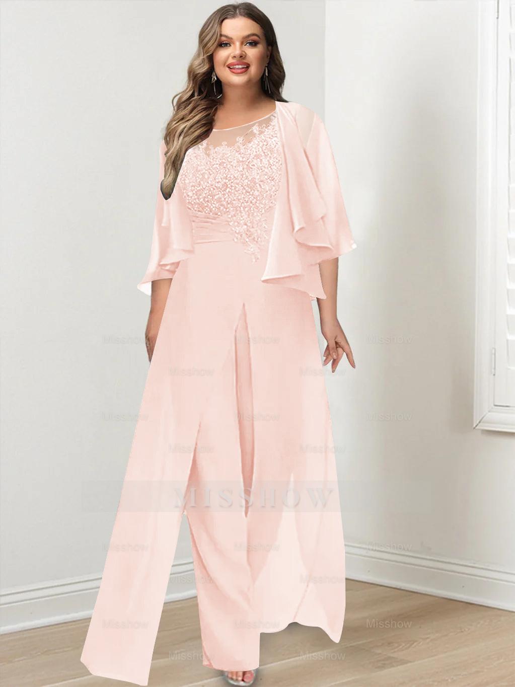 Plus Size Mother of the Bride A-Line/Princess Jumpsuit with Jacket Floor-Length Design Side Split & Appliques