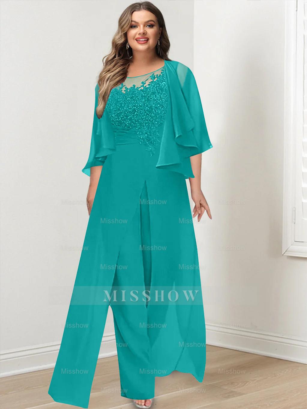 Plus Size Mother of the Bride A-Line/Princess Jumpsuit with Jacket Floor-Length Design Side Split & Appliques