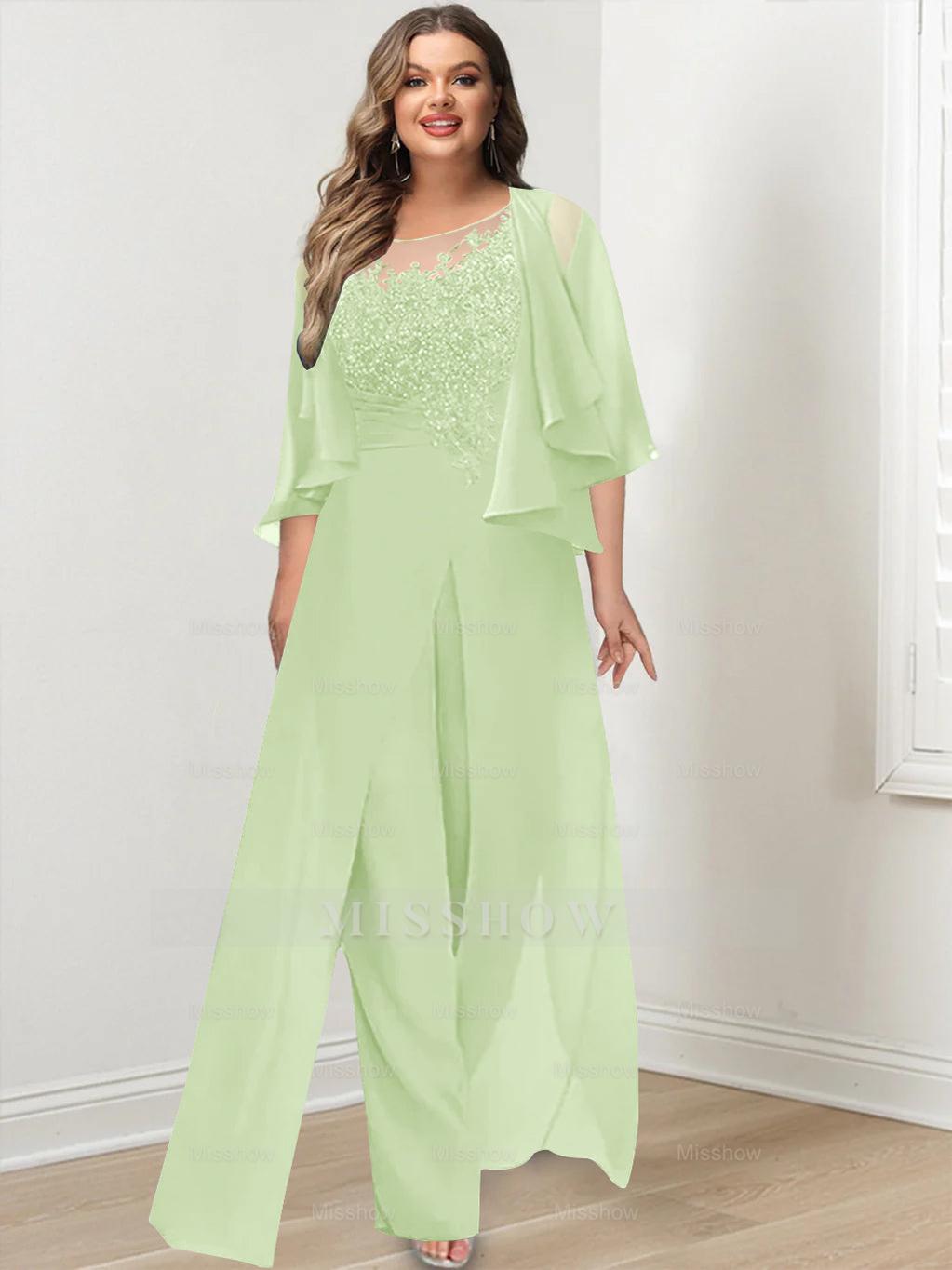 Plus Size Mother of the Bride A-Line/Princess Jumpsuit with Jacket Floor-Length Design Side Split & Appliques