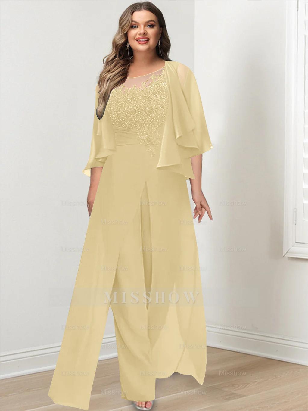 Plus Size Mother of the Bride A-Line/Princess Jumpsuit with Jacket Floor-Length Design Side Split & Appliques
