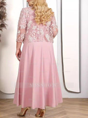 Plus Size Mother of the Bride A-Line/Princess Tea-Length Dress with 3/4 Sleeves Appliques & Jacket