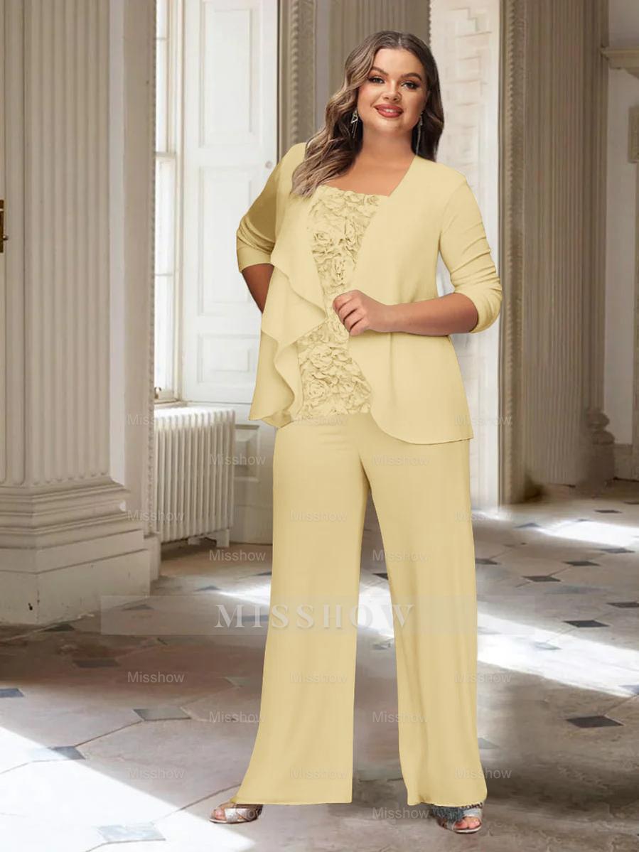 Plus Size Mother of the Bride Chiffon Pantsuit with Long Sleeves and Jacket
