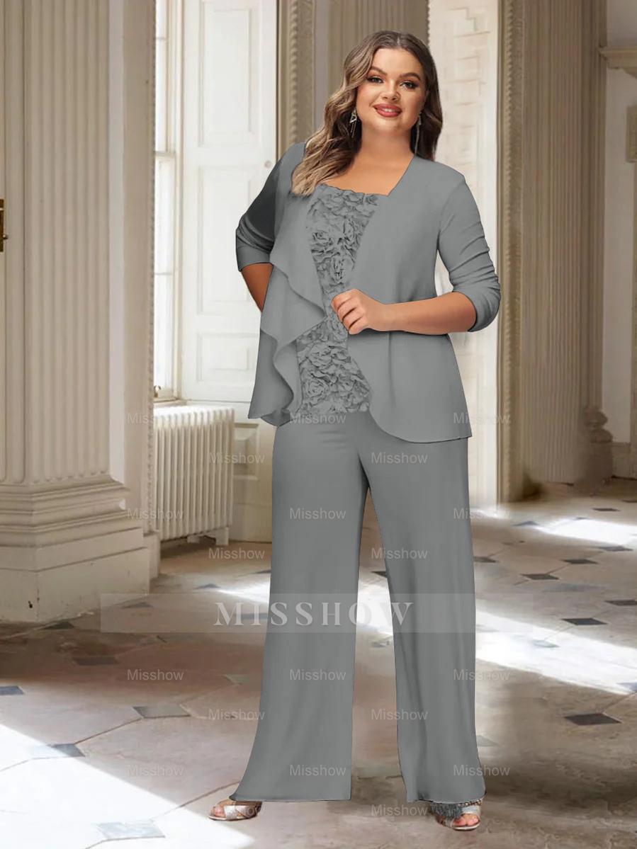 Plus Size Mother of the Bride Chiffon Pantsuit with Long Sleeves and Jacket