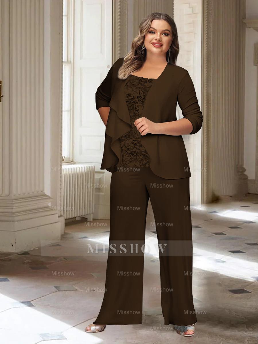 Plus Size Mother of the Bride Chiffon Pantsuit with Long Sleeves and Jacket