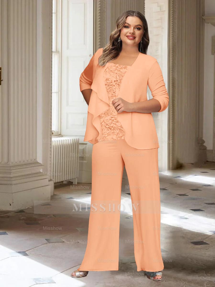 Plus Size Mother of the Bride Chiffon Pantsuit with Long Sleeves and Jacket