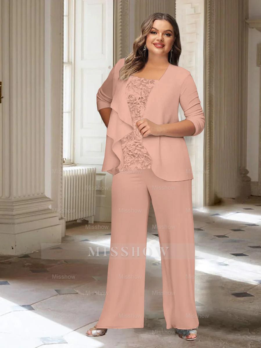 Plus Size Mother of the Bride Chiffon Pantsuit with Long Sleeves and Jacket